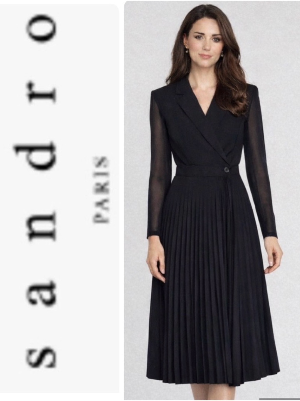 Sandro Paris Black Pleated Midi Dress | Dual Material | US 2 | Elegant - Picture 1 of 16